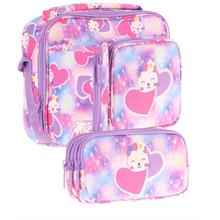 Kaukko Kids Kız Çocuk Lila Pembe Kalpli Kedi Baskılı Üç Bölmeli Thermo Beslenme Çantası ve Kalemlik Seti (L7219+L8219)