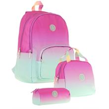 Kaukko Rainbow Pembe Yeşil Renk Geçişli Kız Çocuk Üçlü İlkokul ve Ortaokul Çanta Seti