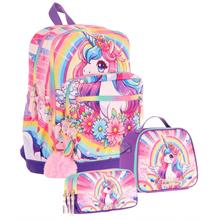 Kaukko Kids Dört Bölmeli Okul Çantası + Beslenme +Kalemlik Seti (Unicorn - Kız Çocuk - Pembe Mor)