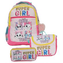 Pippa Kız Çocuk Üç Gözlü Pembe/Sarı İlkokul Üçlü Okul Çanta Seti - Super Girl - PPSET5220