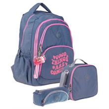 Kaukko Gri Pembe Kız Çocuk Üçlü Okul Çanta Seti - Krinkıl Kumaş - K1687+K9011+K2516