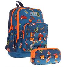 Kaukko Kids Erkek Çocuk Lacivert Turuncu Okul Çantası ve Üç Bölmeli Kalemlik Seti - Silikon Aksesuarlı