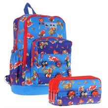 Kaukko Kids Erkek Çocuk Mavi Kırmızı Okul Çantası ve Üç Bölmeli Kalemlik Seti - Silikon Aksesuarlı