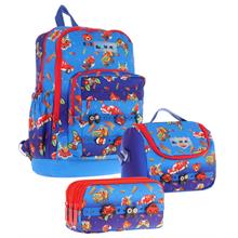Kaukko Kids Üçlü İlkokul 1.2.3.4. Sınıf Okul Çanta Seti - Mavi Kırmızı - Erkek Çocuk - Silikon Aksesuarlı