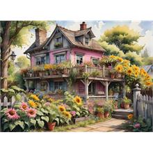 Nova Puzzle 1000 Parça Ayçiçekli Pembe Ahşap Ev Puzzle - Pembe Köy Evi