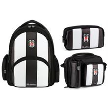 Beşiktaş Siyah Beyaz Çizgi Desenli Okul Çanta Seti - SETME25356A